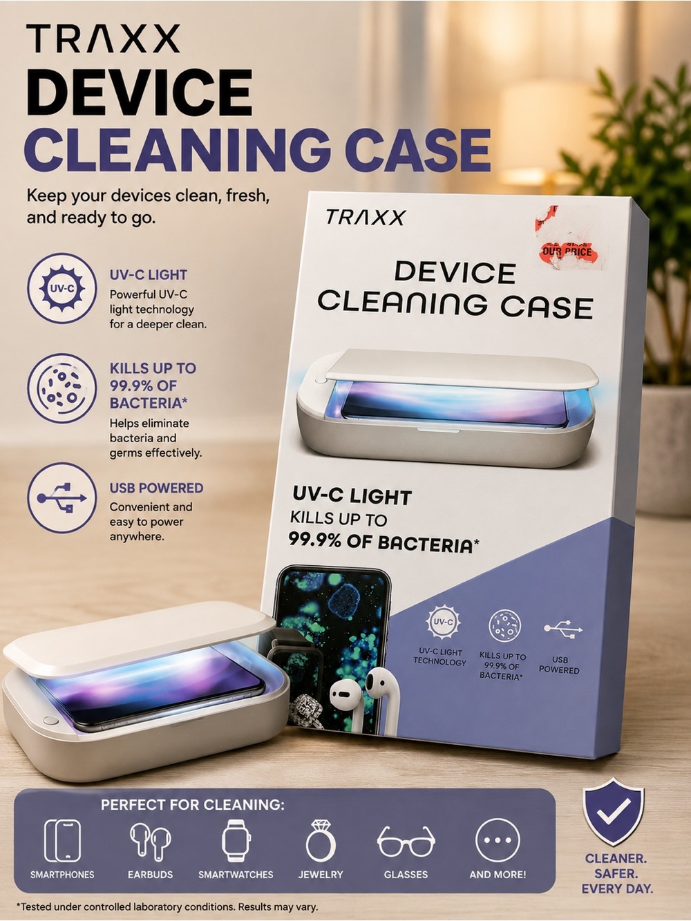 White UV-C Device Cleaning Case - Portable Phone & Accessory Sanitizer